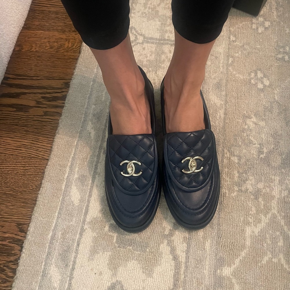 Navy Chanel lambskin loafers